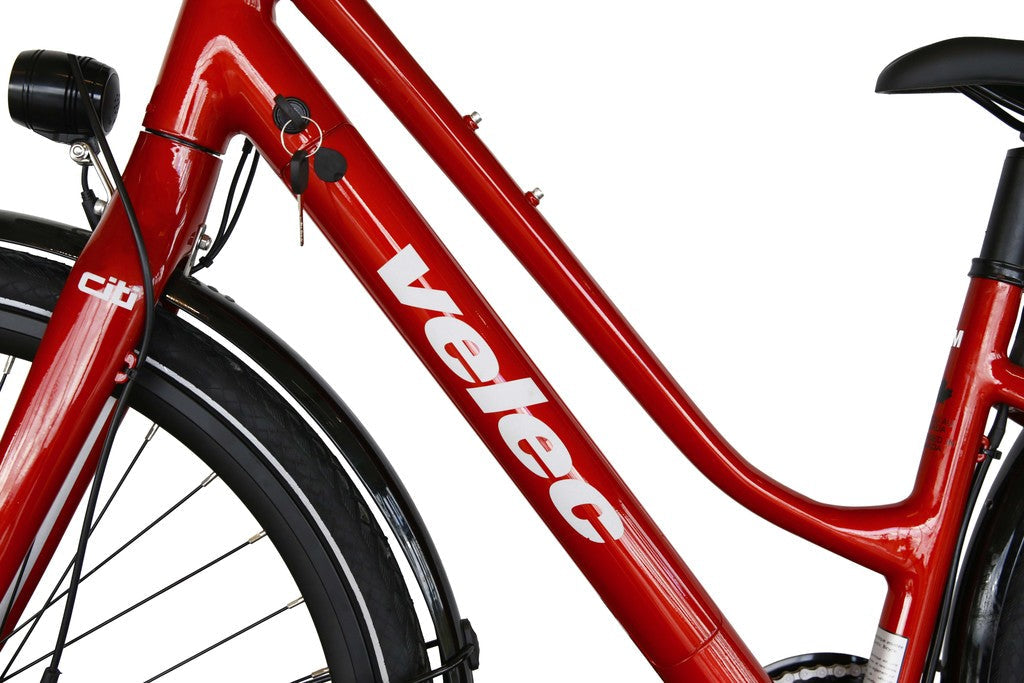 Velec Citi 350 Step Over 2023 red e-bike with 350W rear-wheel motor