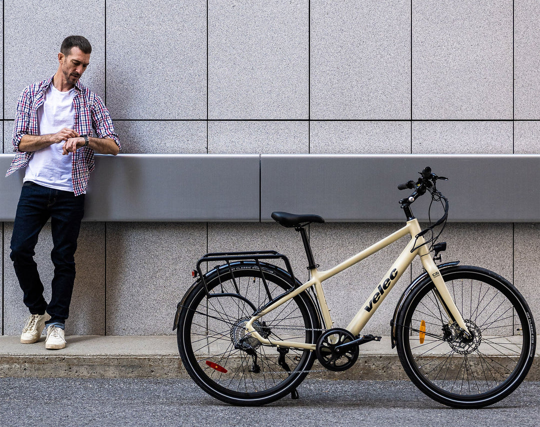 Velec Citi 350 Step Over 2023 sand e-bike with 350W rear-wheel motor