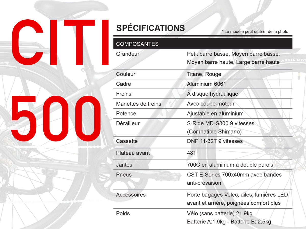 Velec electric bike Citi 500 Step Through technical specs
